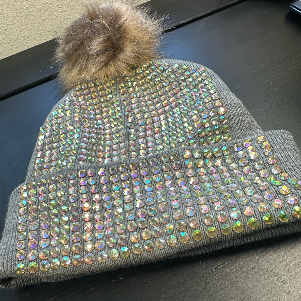 Blinged Out Pom Pom Gray Beanie with Rhinestones and Faux Fur Pom